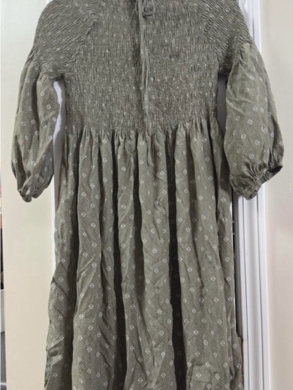 Polagram Olive Green Smocked Midi Dress with Subtle Print - Picture 2 of 3